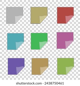 Vector graphics. On a transparent background there are nine multi-colored sheets of paper with a folded corner.