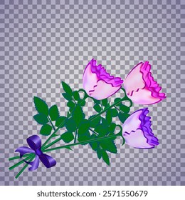 Vector graphics. On a transparent background a bouquet of three blue roses with a blue bow.