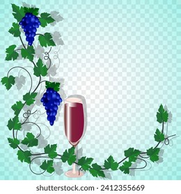 Vector graphics. On a transparent greenish background, a vine with bunches of grapes and a glass of red wine.