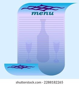 Vector graphics. On a twisted sheet of paper, silhouettes of two glasses and a bottle. At the top is the word "Menu".