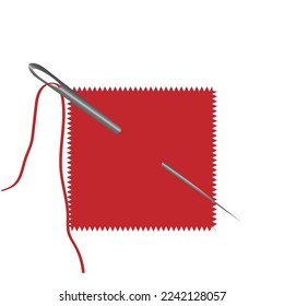 Vector graphics. On a white background is a piece of red fabric, into which a needle with a red thread is stuck.