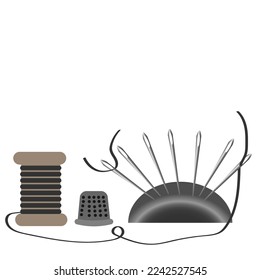 Vector graphics. On a white background, needles, a spool of thread and a thimble.