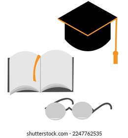 Vector graphics. On a white background are an academic cap, glasses and an open book.