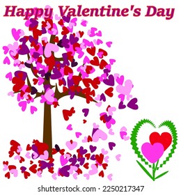Vector graphics. On a white background, a tree with pink and red hearts. Below are two hearts in the form of a growing flower. At the top it says "Happy Valentine's Day".