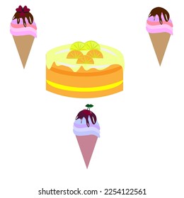 Vector graphics. On a white background, there is a lemon cake in the middle and ice cream with icing around the edges.