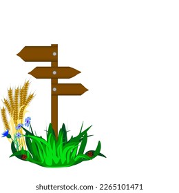 Gráficos vectoriales. En un fondo blanco, hierba, orejas de trigo, flores de maíz y un indicador de dirección de madera.