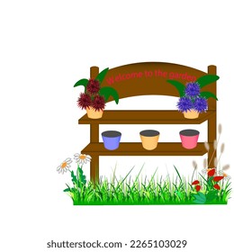 Vector graphics. On a white background, grass, daisies, a strawberry bush and a wooden shelf with pots and flowers and an inscription of an invitation to the garden.