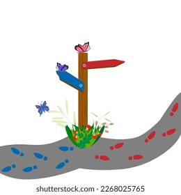 Vector graphics. On a white background, a road sign with red and blue arrows. On the gray road, traces of red and blue leave. Growing grass and strawberries. Butterflies fly.