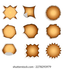 Vector graphics. On a white background, nine stickers of different shapes with a shadow.