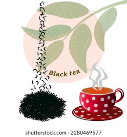 Vector graphics. On a white background a branch with tea leaves. Red cup and saucer in white polka dots with hot tea. Nearby, tea leaves are falling from above on a hill of tea.