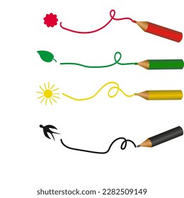 Vector graphics. On a white background, red, green, yellow and black pencils and drawings of a flower, leaf, sun and bird.