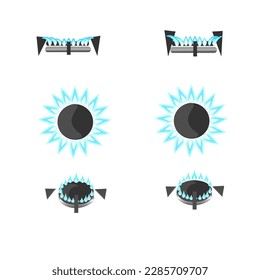 Vector graphics. On a white background are six lit gas burners.