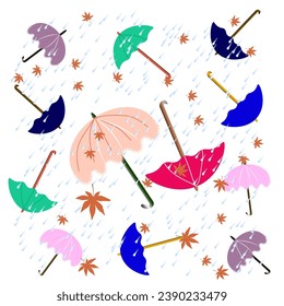 Vector graphics. On a white background, raindrops, maple leaves and multi-colored umbrellas.