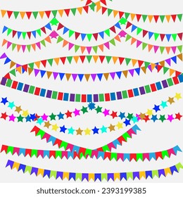Vector graphics. On a white background are festive garlands of multi-colored and different-shaped paper flags.