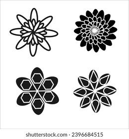 Vector graphics. On a white background there are four different flowers in black.