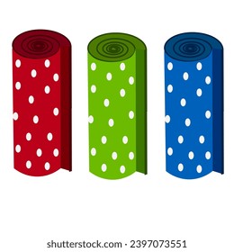 Vector graphics. On a white background there are three multi-colored rolls of fabric with white polka dots.
​