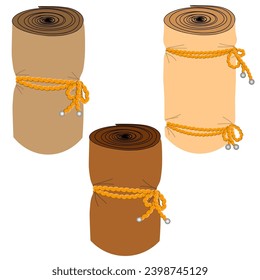 Vector graphics. On a white background there are three rolls of thick fabric tied with rope.