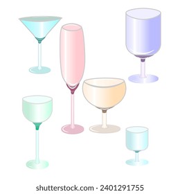 Vector graphics. On a white background there are six different glasses for different types of drinks.