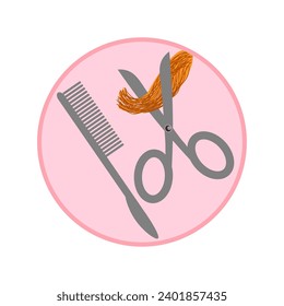 Vector graphics. On a white background in a pink circle there is a comb and scissors cutting hair.