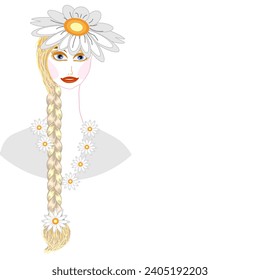 Vector graphics. On a white background, a daisy girl with long blond hair braided.