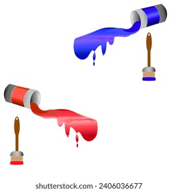 Vector graphics. On a white background there are red and blue paints and two paint brushes.