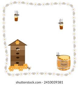 Vector graphics. On a white background in a frame of daisies there is a beehive, a barrel of honey and bees carrying honey.
