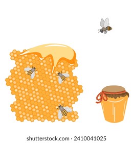Vector graphics. On a white background, honeycombs with honey and bees. There is a jar of honey nearby.