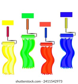 Vector graphics. On a white background there are four tools for painting different surfaces and paint samples: yellow, green, red, blue.