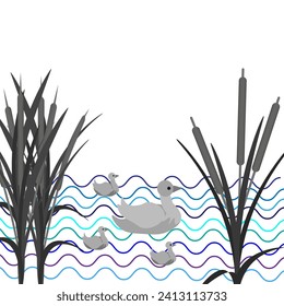 Vector graphics. On a white background, lake waves, reeds and a mother duck swims with ducklings in black and white colors.