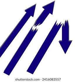 Vector graphics. On a white background, a blue arrow rises sharply, the second one is broken, the third one is broken and falls down. svg