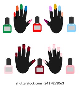 Vector graphics. On a white background there are four hands with two types of multi-colored manicure and 6 bottles with multi-colored varnish.