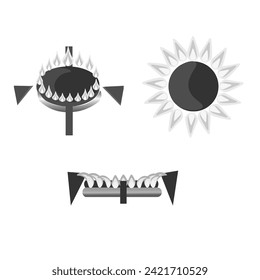 Vector graphics. On a white background there are three burning gas burners from different angles in black and white colors.