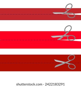 Vector graphics. On a white background, scissors cut three red strips of paper.