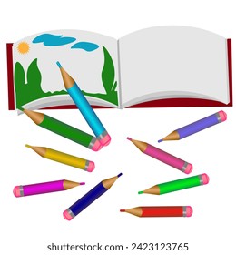 Vector graphics. On a white background, an open album with a child's drawing. Colored pencils are scattered nearby.