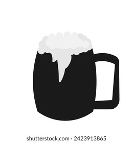 Vector graphics. On a white background, a large mug of beer with foam in black and white colors.