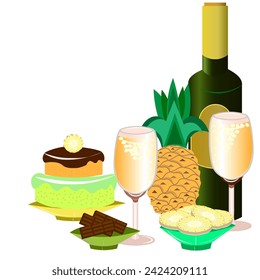 Vector graphics. On a white background, pineapple and pineapple pieces, a bottle and two glasses of wine, chocolate and a cake with a piece of pineapple.