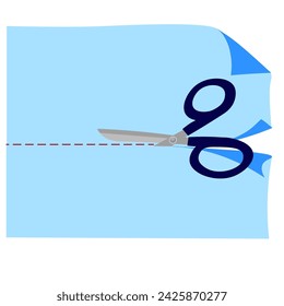 Vector graphics. On a white background, scissors cut blue paper along a red line.