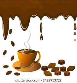 Vector graphics. On a white background, hot chocolate is flowing, coffee beans are falling, there is a cup of hot coffee and chocolate candies are lying.