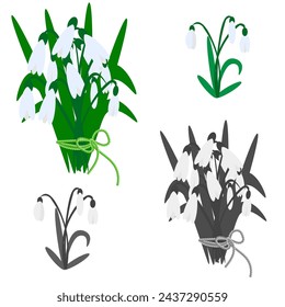Vector graphics. On a white background there is a bouquet and a bush of snowdrops.
