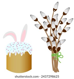 Vector graphics. On a white background there is an Easter cake with bunny ears sticking out, next to it is a bouquet of willow branches.