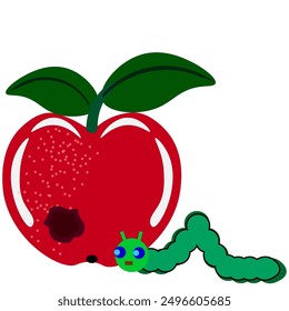 Vector graphics. On a white background, a ripe red apple and a green caterpillar.