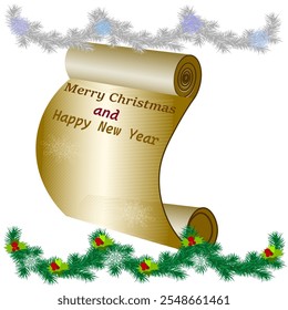 Vector graphics. On a white background, a sheet of paper and garlands of spruce branches.