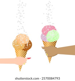 Vector graphics. On a white background, two hands, male and female, hold ice cream in a waffle cone.