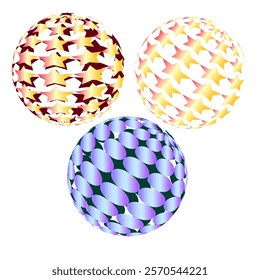 Vector graphics. On a white background, three abstract 3D spheres in stars and circles.