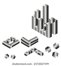 Vector graphics. On a white background, gradient black and white cubes and constructions made of them.