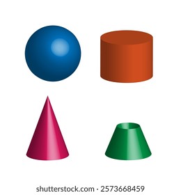 Vector graphics. On a white background, four colored volumetric figures - a sphere, a cylinder, a cone and a truncated cone.