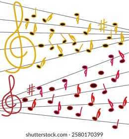 Vector graphics. On a white background, two musical staves and various notes.