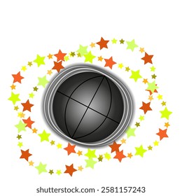 Vector graphics. On a white background, the Earth globe in black and white tones in a frame of multi-colored stars.