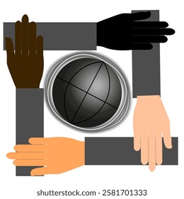 Vector graphics. On a white background, the globe in a frame of hands.