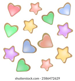 Vector graphics. On a white background, cookies with colored glaze in the form of stars and hearts.